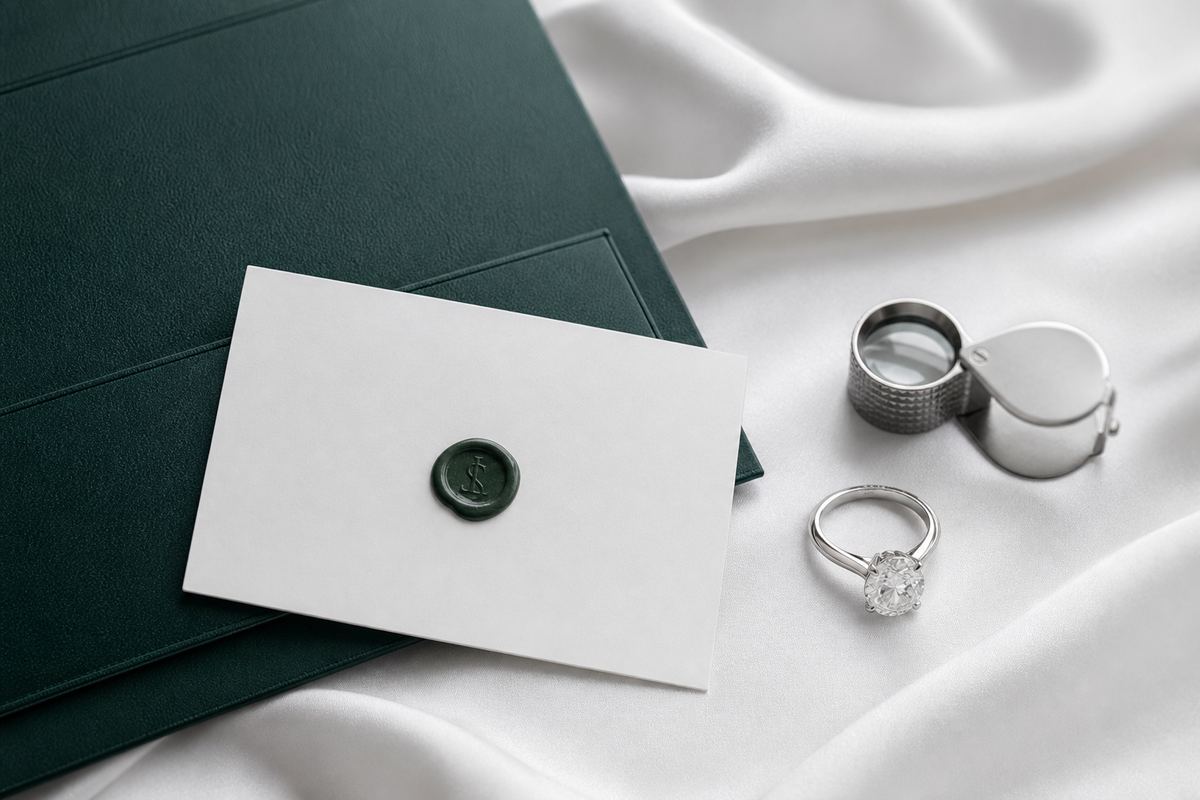 Engagement ring with emerald presentation folder on white silk