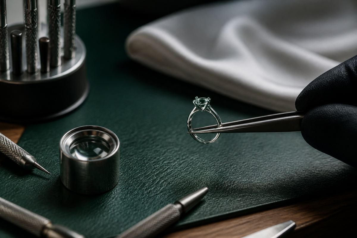 Jeweller inspecting a bespoke engagement ring setting