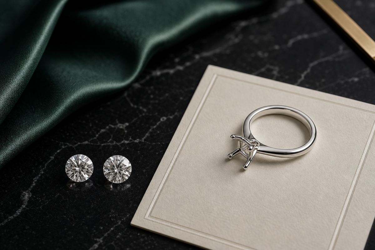 Loose diamonds and an engagement ring setting on dark stone