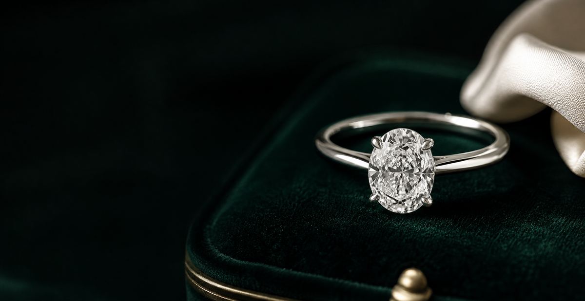 Oval diamond engagement ring on emerald velvet