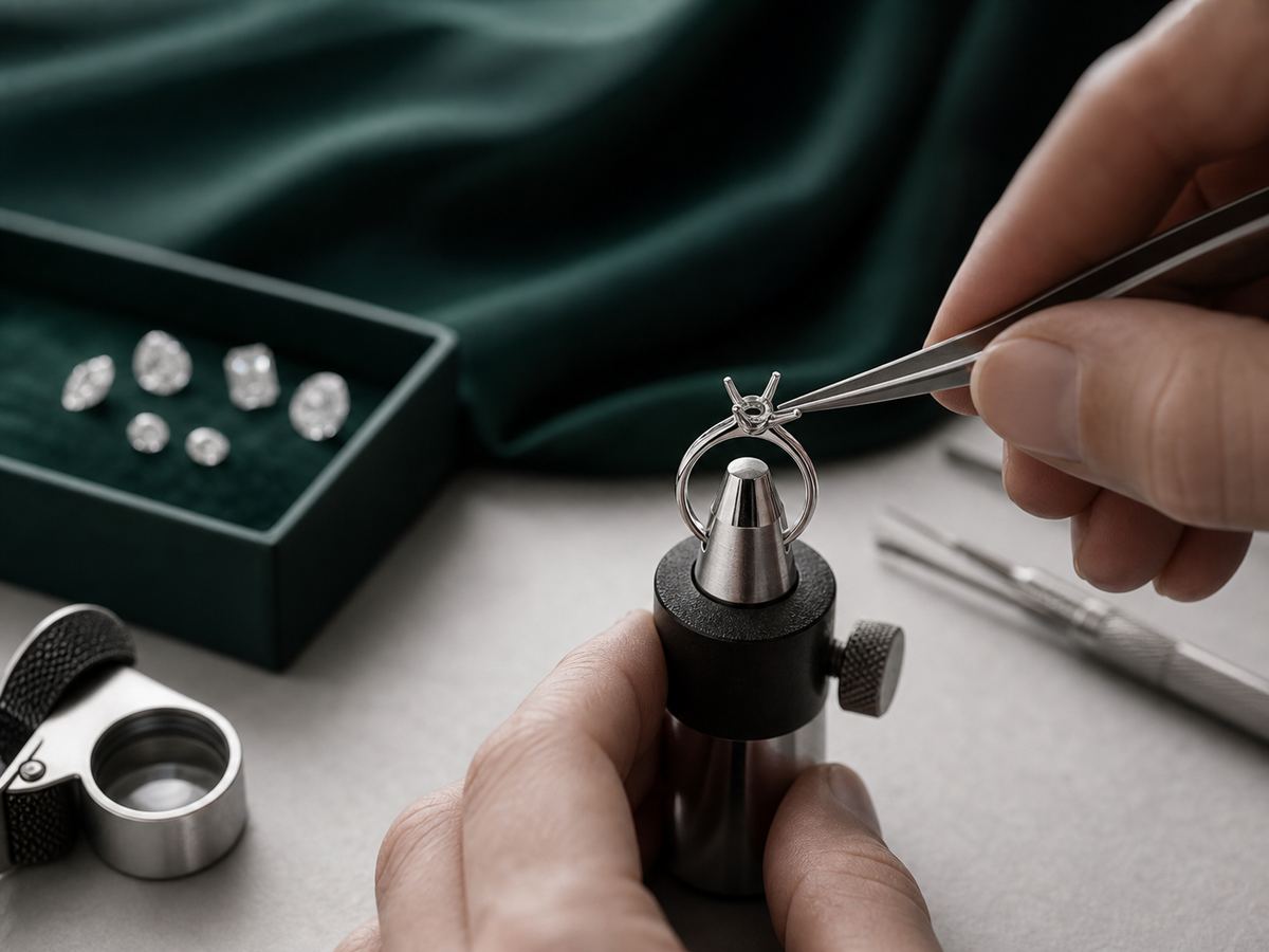 Platinum ring setting inspected during fine jewellery craftsmanship
