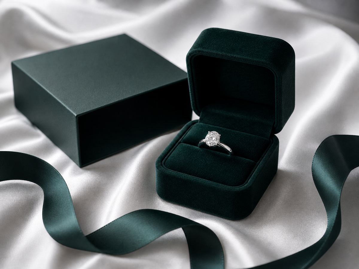 Finished diamond ring prepared in emerald luxury packaging