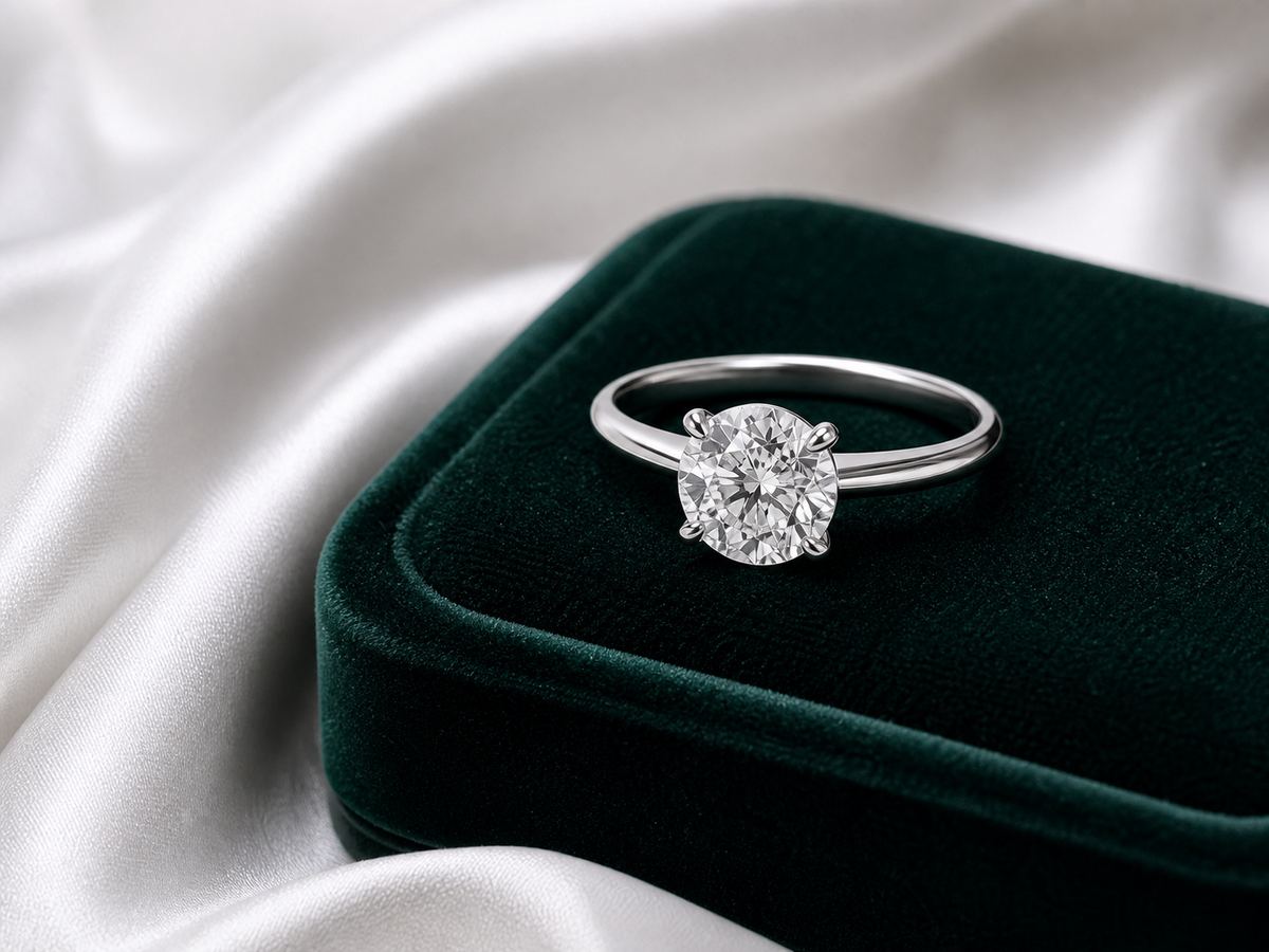 Classic platinum solitaire diamond engagement ring on emerald and white silk