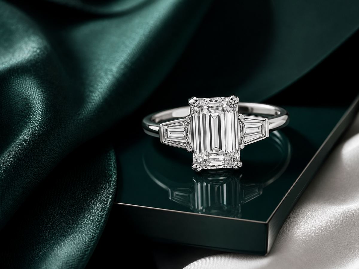 Emerald cut diamond statement ring in platinum on deep emerald silk